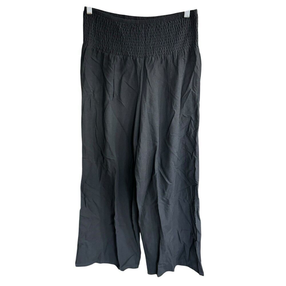 Chouyatou Women Casual Wide Leg Cotton Flax Loose Trousers Medium Black